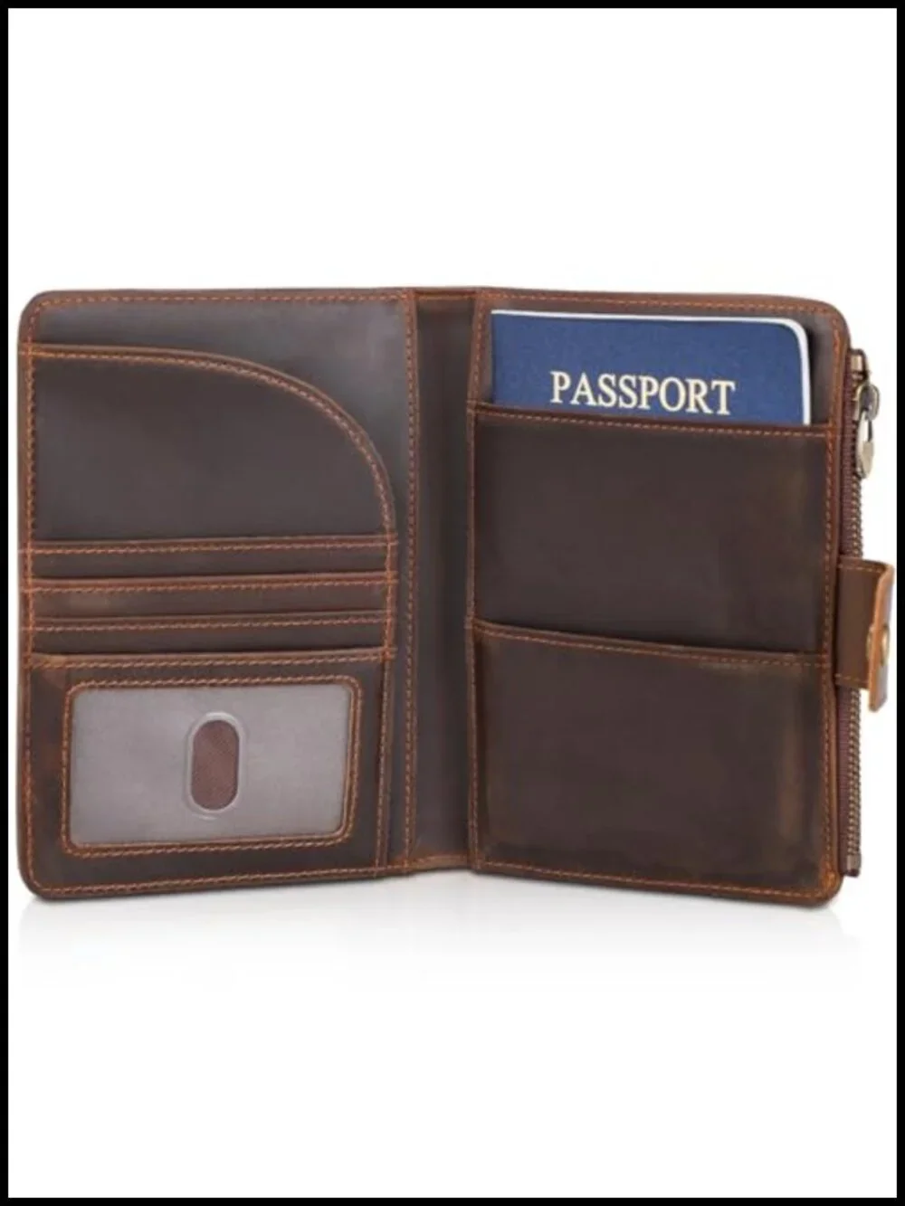 Full Grain Leather RFID Passport Holder Bifold Travel Wallet with Zipper Pocket